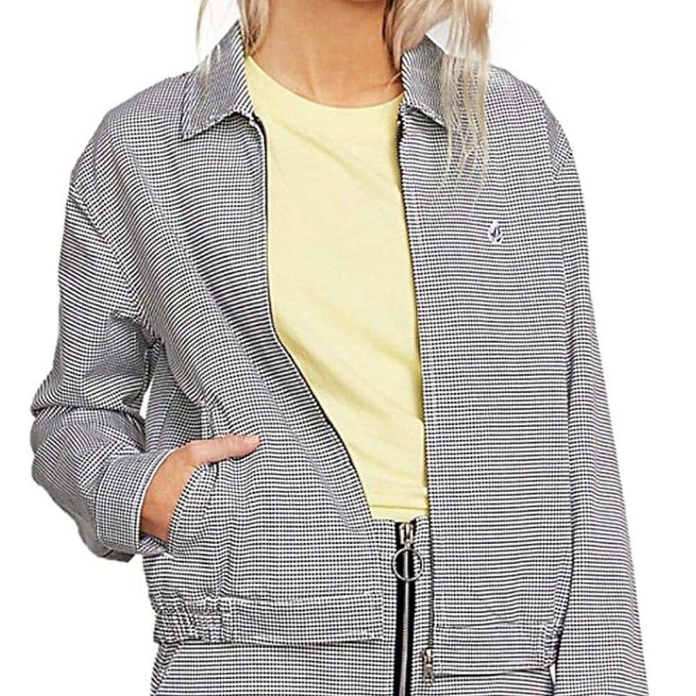 Volcom Women's Frochickie Houndstooth Abstract Zip Up Side Pockets Jacket S